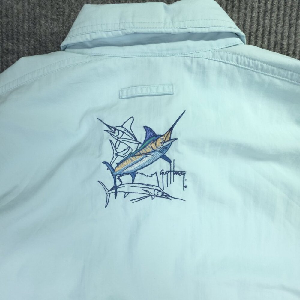 Guy Harvey AFTCO Shirt L Blue Marlin Swordfish Button Up Fish Short Sleeve Vent - Picture 5 of 9